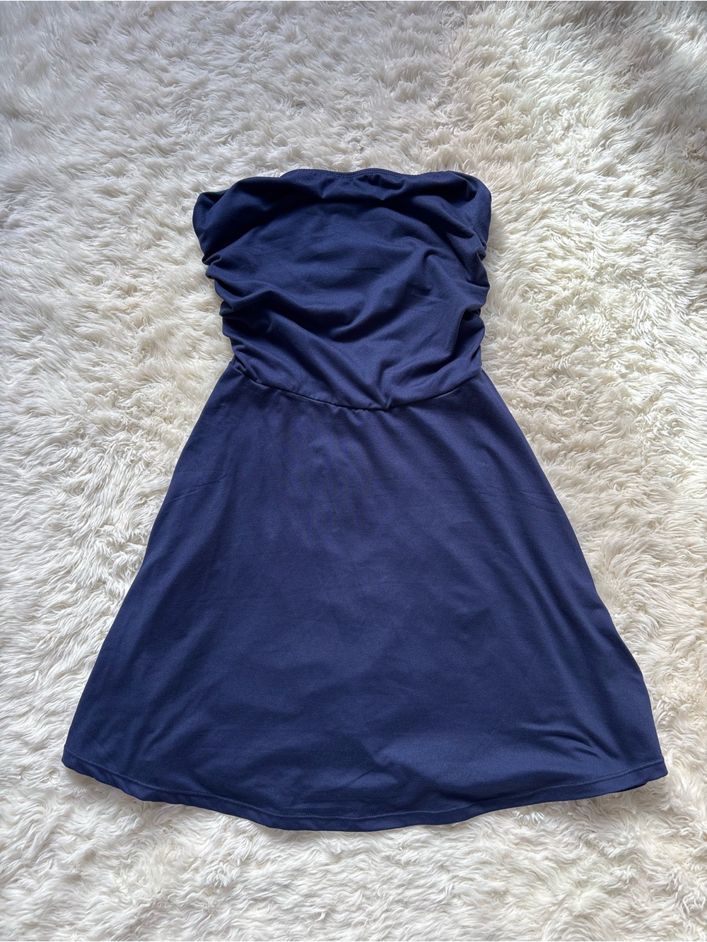 Strapless Navy Ruched Bodice A‑Line Dress — Women